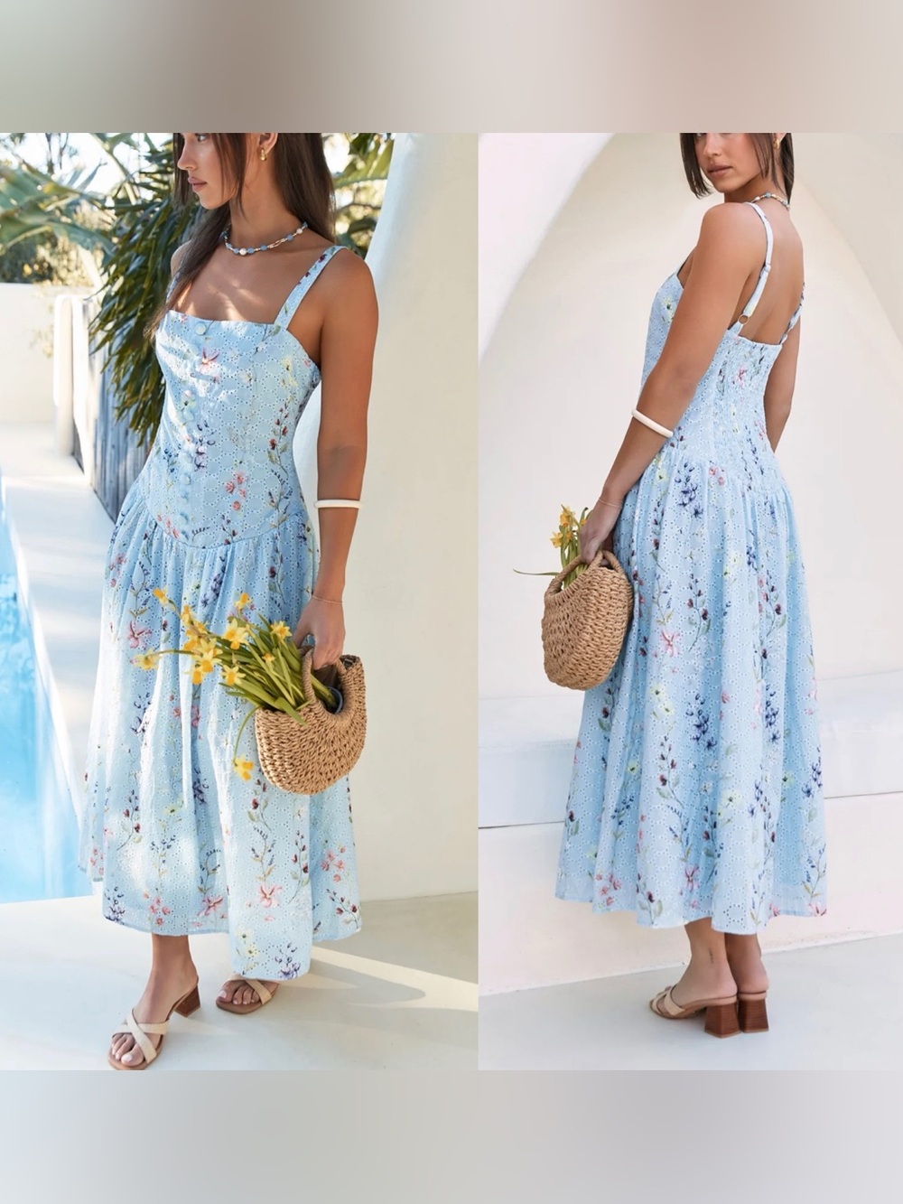 Fortunate One Whimsical Charm Blue Floral Eyelet Cotton Maxi Dress L NWT